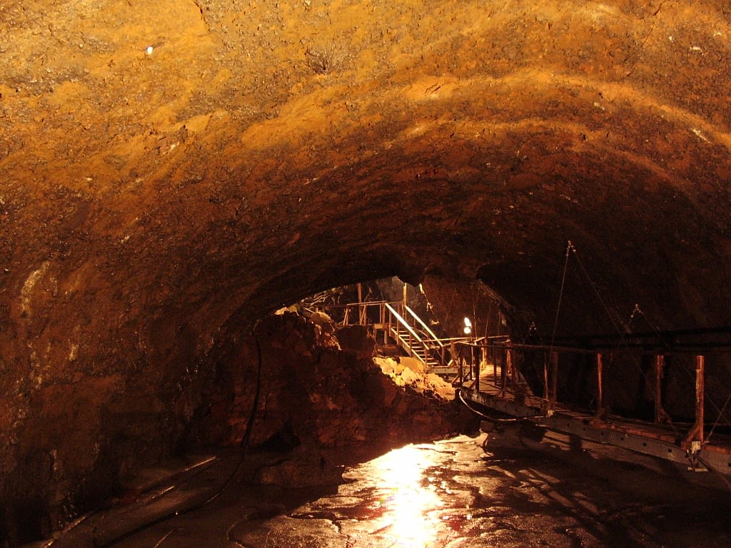 Dark cave with manmade pathway